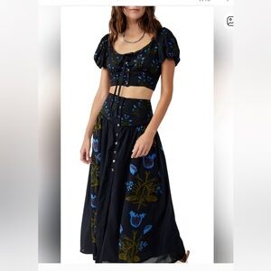 Free People EASY TO LOVE SET Black and Blue Floral Blouse and skirt